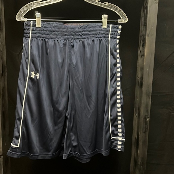 UNDER Armour- navy blue and white polyester athletic shorts - Picture 1 of 5